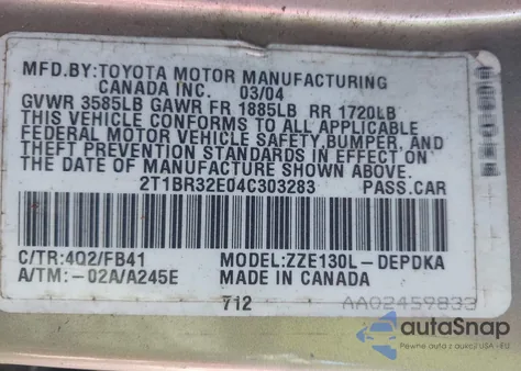 2004 Toyota Corolla Ce z USA, uszkodzony, nr VIN 2T1BR32E04C303283